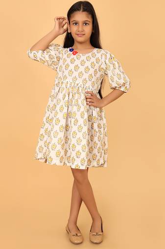 White block print cotton girls frock