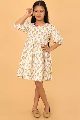 White block print cotton girls frock
