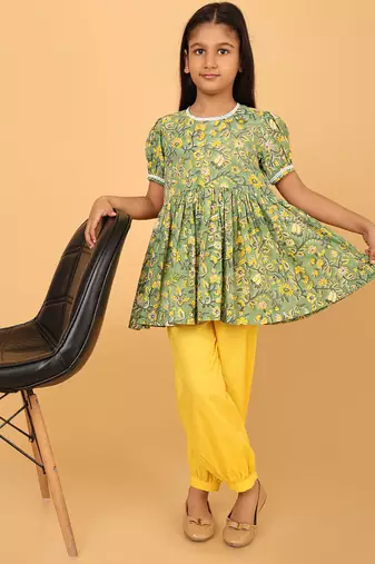 Green hand block printed cotton tunic & pant set for girls