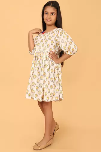 White block print cotton girls frock