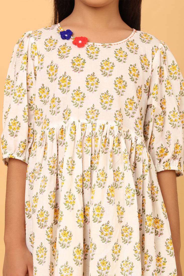 White block print cotton girls frock