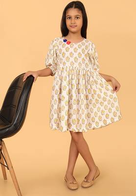 White block print cotton girls frock 5