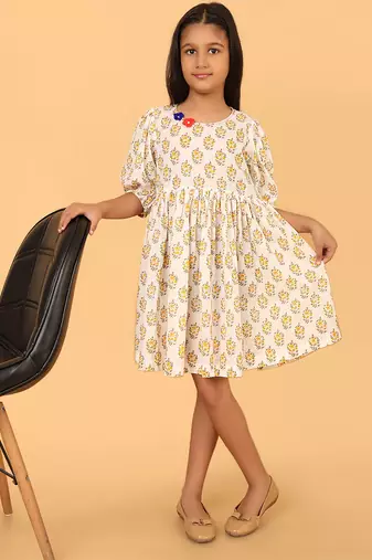 White block print cotton girls frock