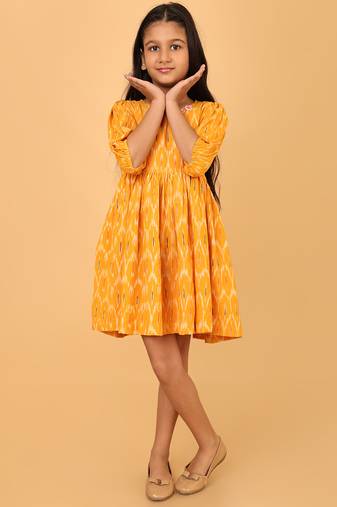 Yellow ikkat cotton girls frock