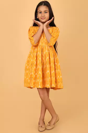 Yellow ikkat cotton girls frock