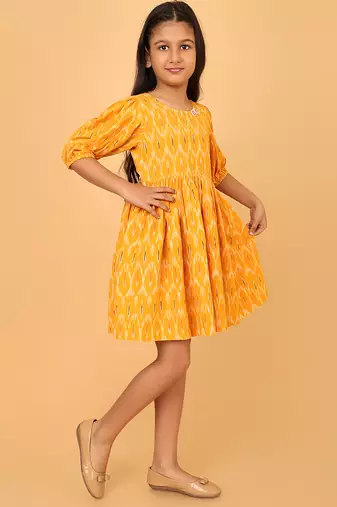 Yellow ikkat cotton girls frock