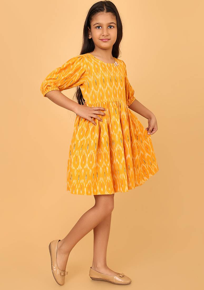 Yellow ikkat cotton girls frock