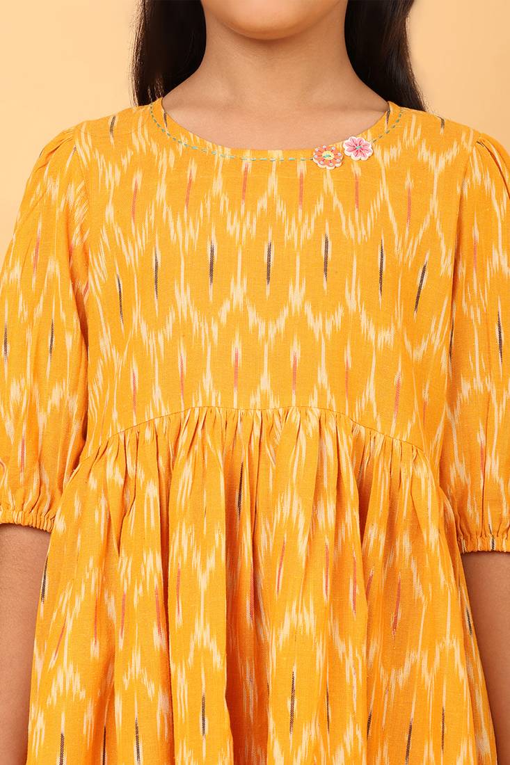 Yellow ikkat cotton girls frock
