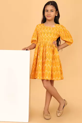 Yellow ikkat cotton girls frock