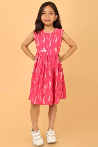 Pink ikkat cotton girls frock
