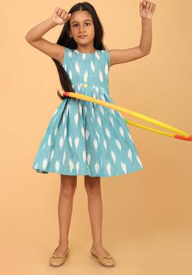 Blue ikkat cotton girls frock 1