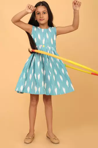 Blue ikkat cotton girls frock