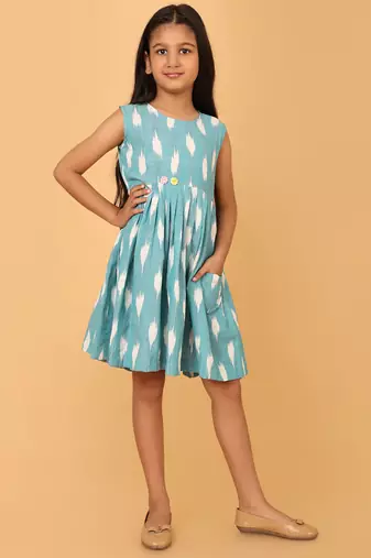 Blue ikkat cotton girls frock