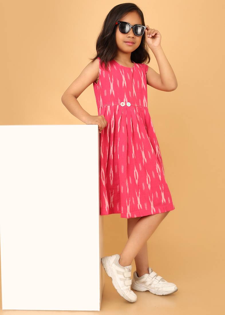Pink ikkat cotton girls frock