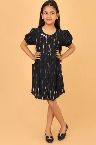 Black ikkat cotton girls frock