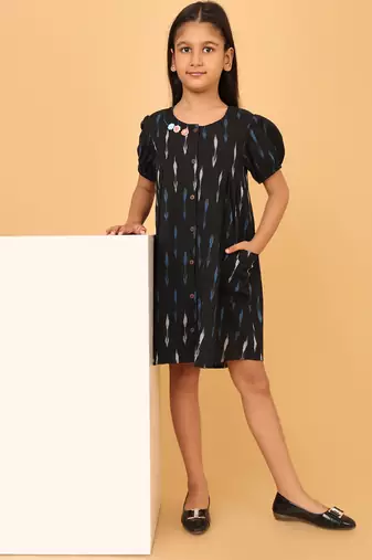 Black ikkat cotton girls frock