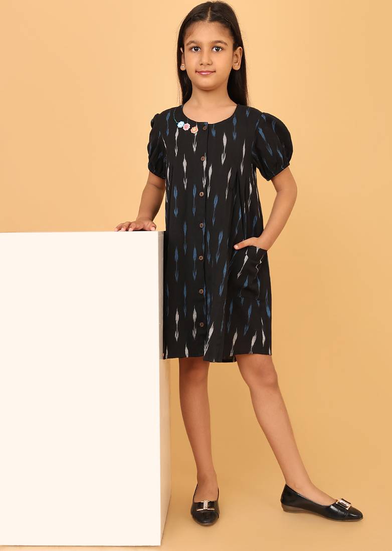 Black ikkat cotton girls frock