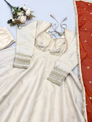 Beige heavy lace work cosmos gold anarkali suit set 2