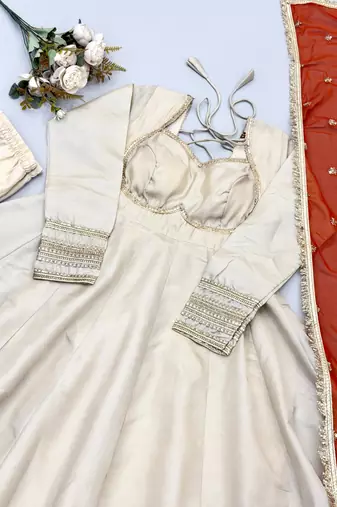 Beige heavy lace work cosmos gold anarkali suit set