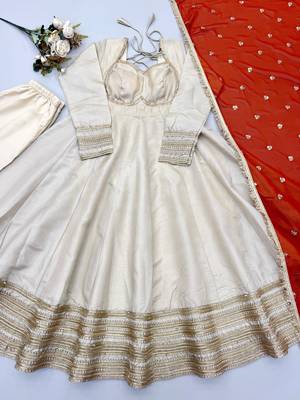 Beige heavy lace work cosmos gold anarkali suit set 3