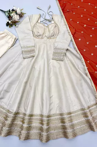 Beige heavy lace work cosmos gold anarkali suit set