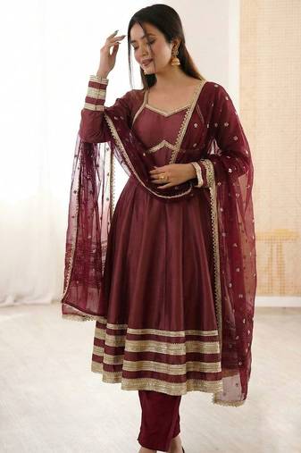 Wine heavy lace work cosmos gold anarkali suit set