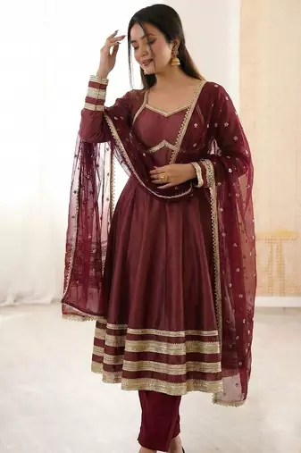 Wine heavy lace work cosmos gold anarkali suit set