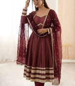 Wine heavy lace work cosmos gold anarkali suit set