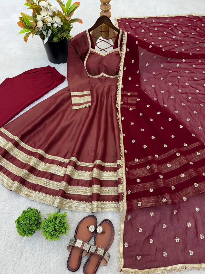 Wine heavy lace work cosmos gold anarkali suit set
