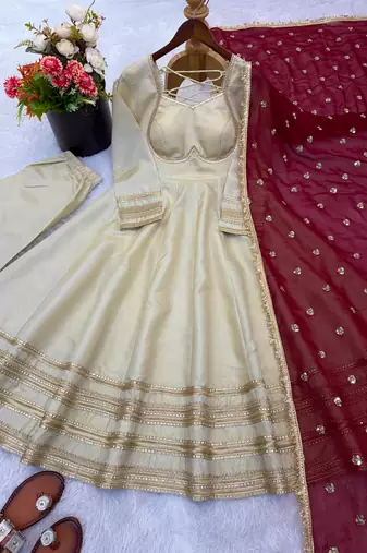 Cream heavy lace work cosmos gold anarkali suit set