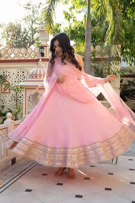 Pink crepe anarkali suit set with mirror work dupatta 1