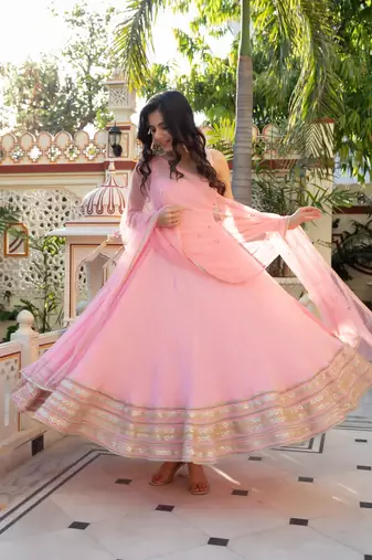 Pink crepe anarkali suit set with mirror work dupatta