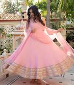 Pink crepe anarkali suit set with mirror work dupatta