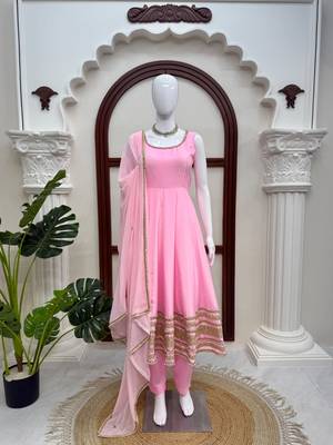Pink crepe anarkali suit set with mirror work dupatta 3