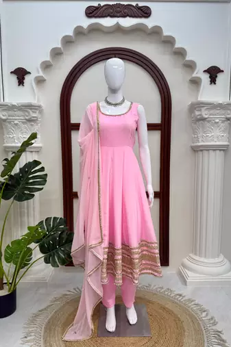 Pink crepe anarkali suit set with mirror work dupatta