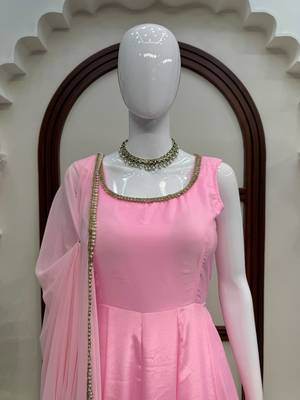 Pink crepe anarkali suit set with mirror work dupatta 4