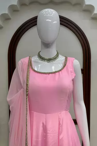 Pink crepe anarkali suit set with mirror work dupatta