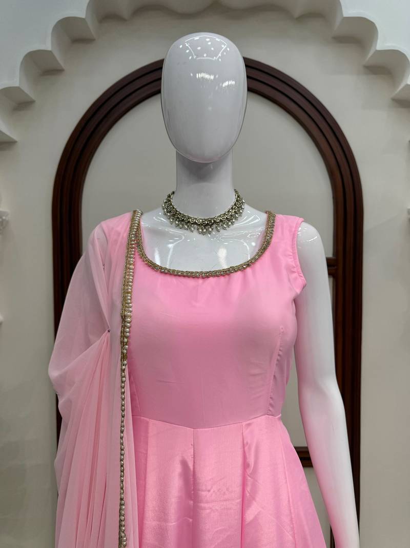 Pink crepe anarkali suit set with mirror work dupatta