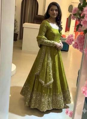 Olive embroidered crunchy silk blend anarkali suit set 1