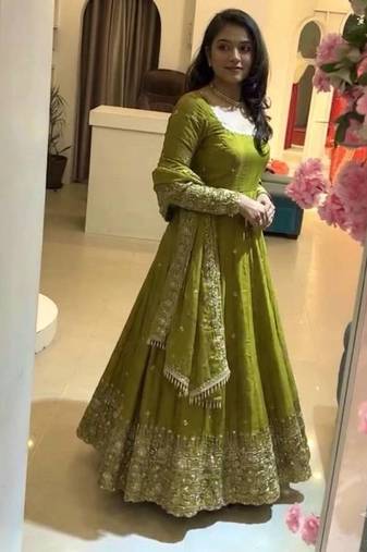 Olive embroidered crunchy silk blend anarkali suit set