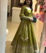 Olive embroidered crunchy silk blend anarkali suit set