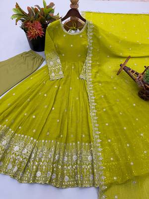 Olive embroidered crunchy silk blend anarkali suit set 2