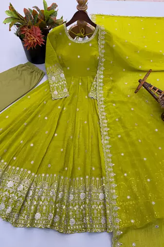 Olive embroidered crunchy silk blend anarkali suit set
