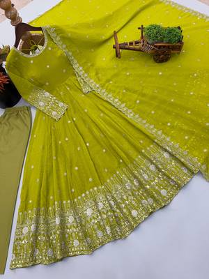 Olive embroidered crunchy silk blend anarkali suit set 3