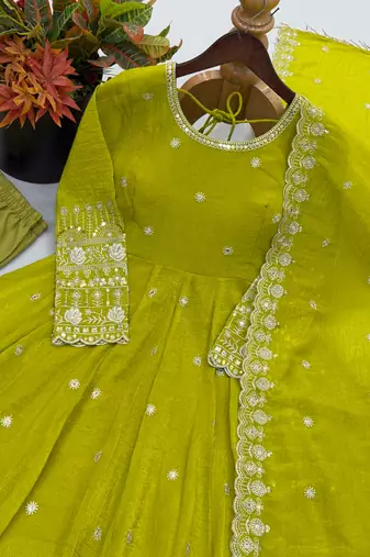 Olive embroidered crunchy silk blend anarkali suit set