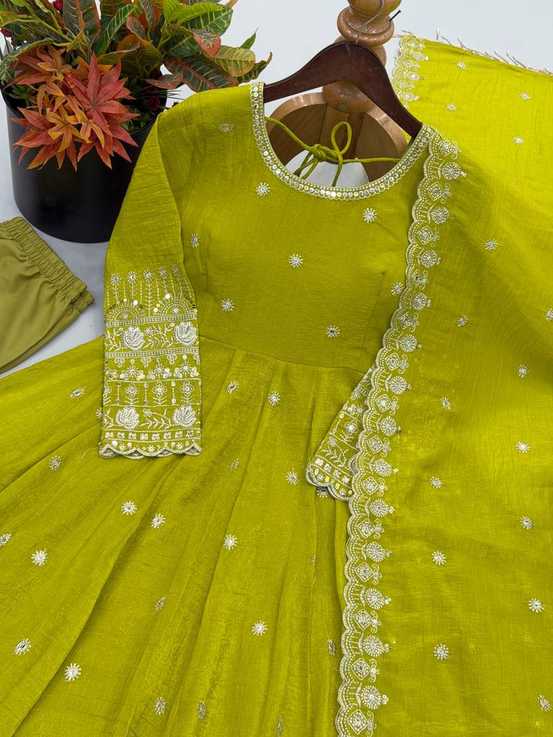 Olive embroidered crunchy silk blend anarkali suit set