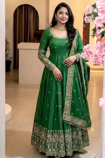 Green embroidered crunchy silk blend anarkali suit set