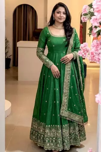 Green embroidered crunchy silk blend anarkali suit set