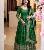 Green embroidered crunchy silk blend anarkali suit set
