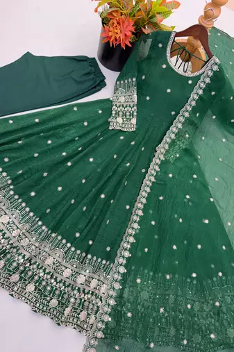 Green embroidered crunchy silk blend anarkali suit set